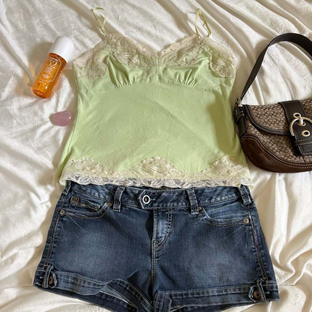 Vintage Y2K Green Lace Trim Cami Tank Top